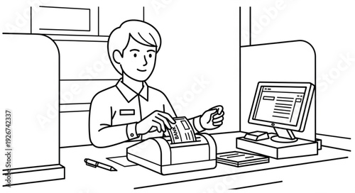 Man Operating Cash Register Computer.