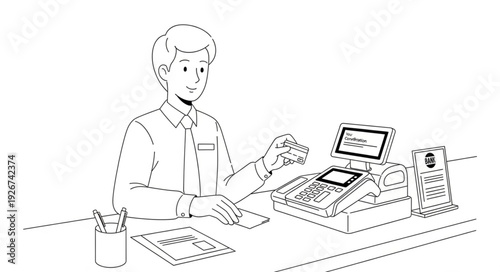 Man Operating Cash Register Machine.