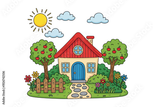 Cute Cartoon House Illustration with Sunny Garden and Apple Trees