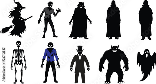 Halloween Character Silhouettes Set Including Witch, Vampire, Skeleton, Ghost, and Spooky Monsters for Horror and Holiday Designs