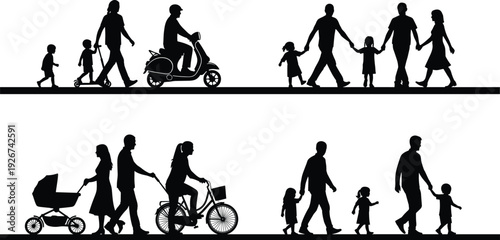 Black silhouettes of people walking with children and strollers on white background scooter