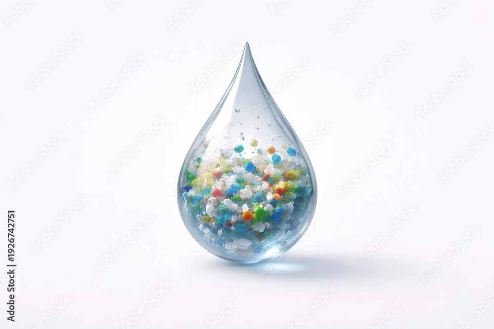 Obraz premium Transparent water droplet containing colorful plastic particles, symbolizing microplastic contamination, water pollution, and environmental sustainability challenges.