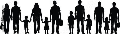 Black silhouettes of people walking with children family