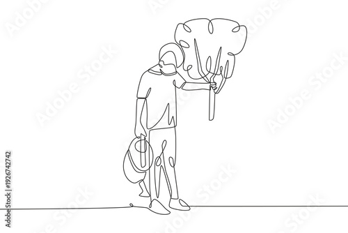 Boy who planted the tree. Plant care concept one-line drawing