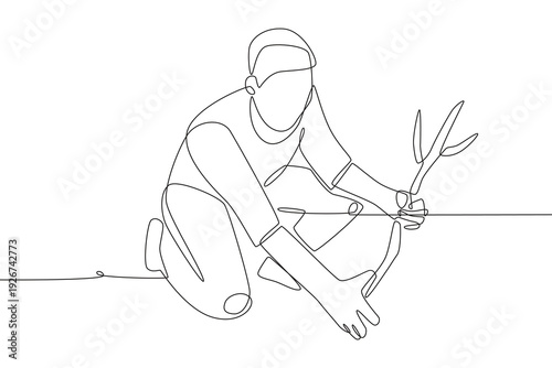 The man who planted the tree. Plant care concept one-line drawing