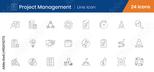 Project Management Outline Icons Set of 24. Task Planning, Workflow, Team Collaboration Linear Editable Stroke Icons Vector