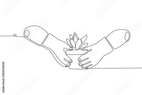 Hands that care for trees. Plant care concept one-line drawing
