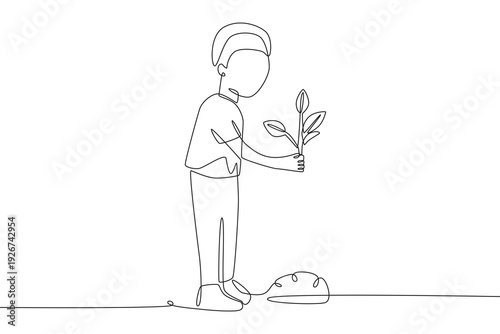 Boy who planted the tree. Plant care concept one-line drawing