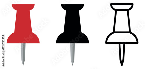 Graphic pushpin set featuring red, black, and line art versions for office communication