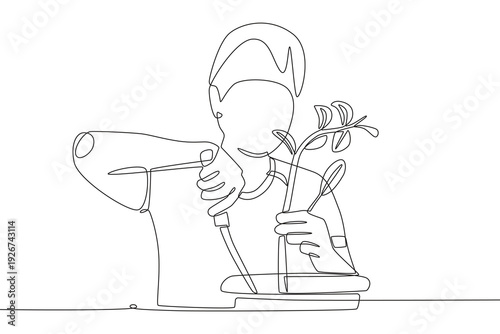 Man who takes care of trees. Plant care concept one-line drawing