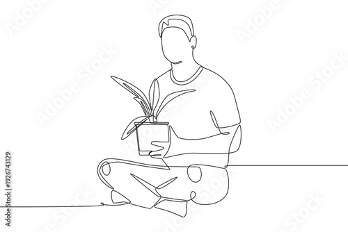 Man who takes care of trees. Plant care concept one-line drawing