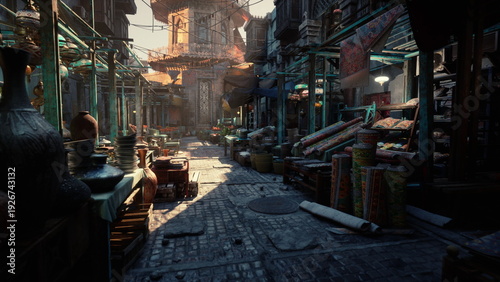 Photos sunlit cobblestone market alley at dusk, narrow historic street lined with potte