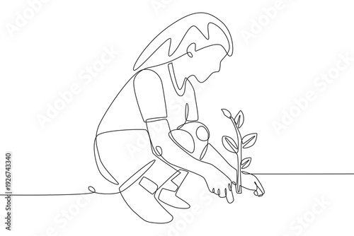 Woman planting a tree. Plant care concept one-line drawing