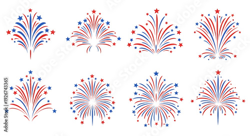 Fireworks icon collection. Includes firework bursts, explosions, and star shapes. Created in flat style with red, white, and blue palette. isolated on White Background