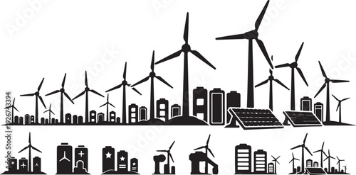 Sustainable cityscape with wind turbines and solar panels illustration
