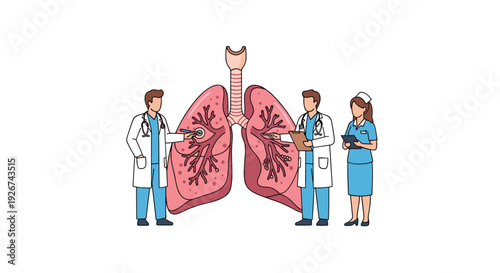 Two male doctors and a female nurse stand next to a large pink anatomical diagram of human lungs on a white background.