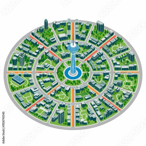 Circular City Plan with Central Tower and Green Spaces.