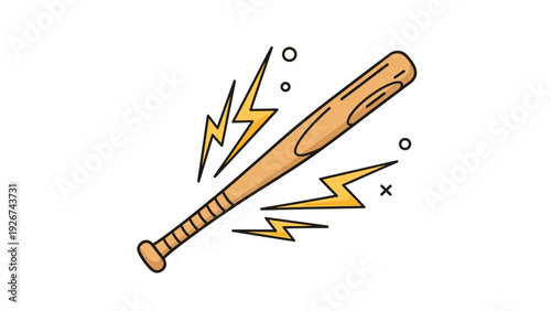 Wooden baseball bat icon with lightning bolt symbols representing power, sports energy, and high performance athletics.