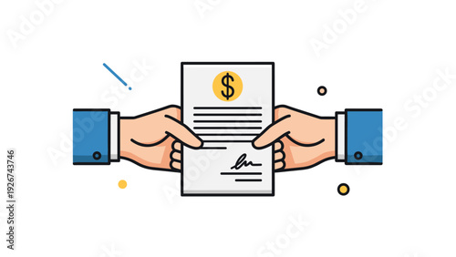 Business agreement or contract signing concept featuring two professional hands holding a document with a golden dollar sign symbol.