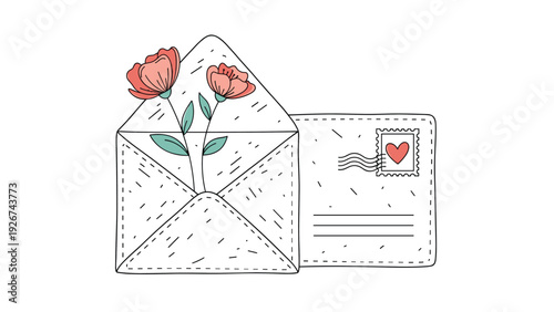 Romantic or celebratory mail concept featuring an open envelope with pink flowers inside alongside a stamped letter with a heart.