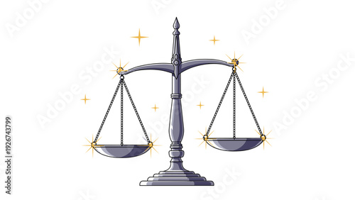 Golden scales of justice standing tall and shining with bright sparkles representing law equality legal fairness and judicial balance.