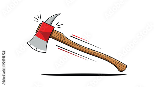 Firefighter axe with a red head and wooden handle flying through the air with speed lines in a cartoon style illustration.