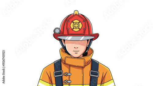 Firefighter in full protective gear and a red helmet with a badge looking directly ahead in a professional character illustration.