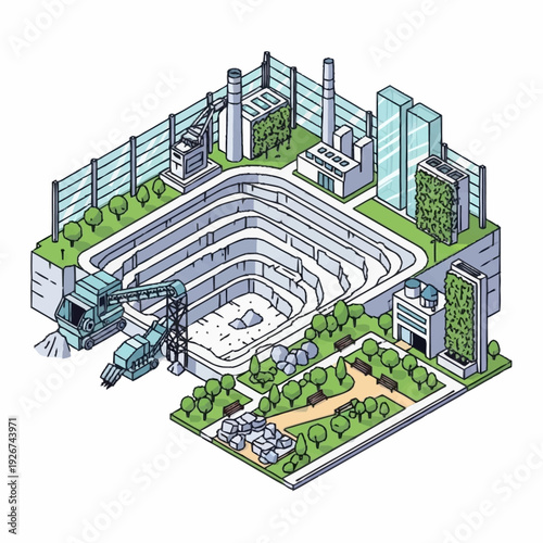 Open Pit Mine with Industrial Buildings and Greenery.