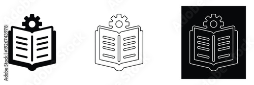 Modern book and gear icons in black, white, and dark background for business and technology designs
