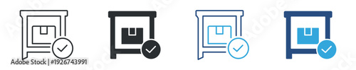 Warehouse approval icon set, storage building check symbol, inventory verification sign, logistics confirmation vector illustration