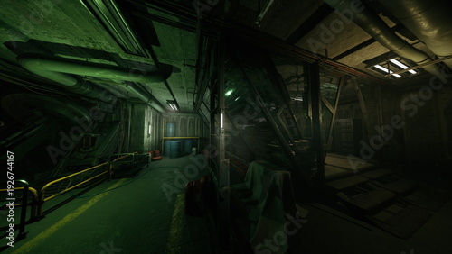 Derelict subterranean tunnel framed by scaffolding and rusted beams, stagnant puddles and silted debris, corroded bolts and hanging tarps, silent passage