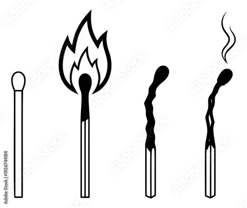 Line art match set featuring an unlit, burning, and burnt match for conceptual illustrations