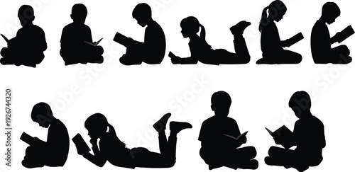 Children reading silhouettes in various positions black white background