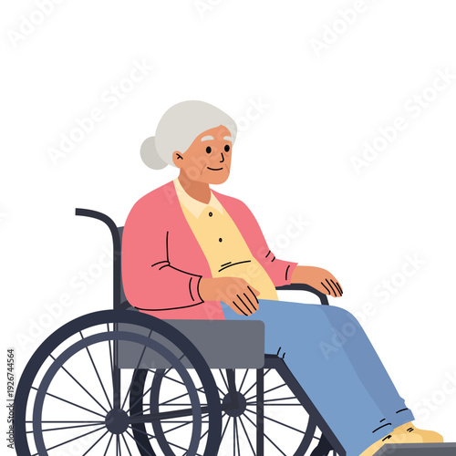 Elderly woman sitting in wheelchair. Flat vector illustration of an elderly woman sitting in a wheelchair. Concept of disability, senior care, rehabilitation, medical assistance