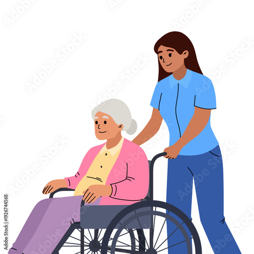 Caregiver assisting elderly woman in wheelchair. Flat vector illustration of a young female caregiver helping an elderly woman in a wheelchair. Concept of senior care, medical assistance