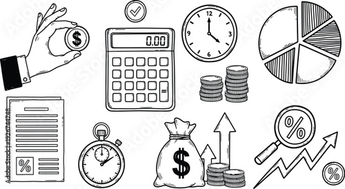 Financial Business Doodle Set with Hand Drawn Icons of Money Calculator Growth Charts Clock and Coins for Accounting and Investment Concepts