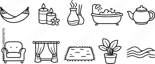 Collection of simple line art icons representing home comfort and relaxation elements