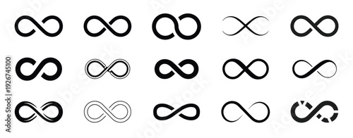 Infinity Icons Vector Collection, Endless Loop Symbols in Various Styles Representing Continuity, Cyclicity, and Unlimited Concepts for Logo Design, Branding, and Creative Vector Projects.