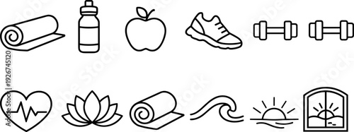 Collection of health and wellness icons including fitness, nutrition, and relaxation elements