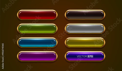 Modern glossy vector buttons with golden frames. Set of eight colorful, shiny UI elements for web or game design.
