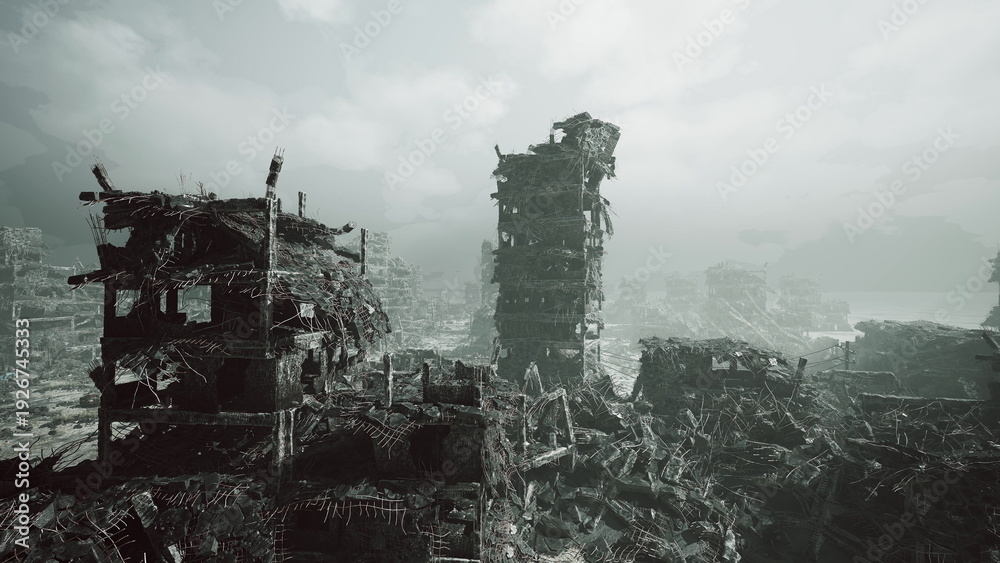 Obraz premium Overgrown ruined city skyline with mosscovered tower and drifting fog, vineclad concrete structures framing distant broken horizon, silent atmosphere