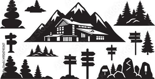 Mountain Lodge and Trees Silhouette Vector Illustration Graphic Design