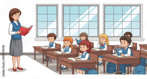 Cartoon Classroom Scene with Teacher and Students Engaged in Learning, for Educational, School, and Classroom Design Projects
