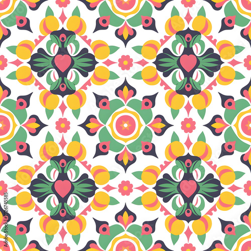 vector seamless repeating rangoli pattern in flat vector style. The design features symmetrical geometric shapes, floral motifs, peacocks, lotus flowers, and traditional oil lamps (divas).