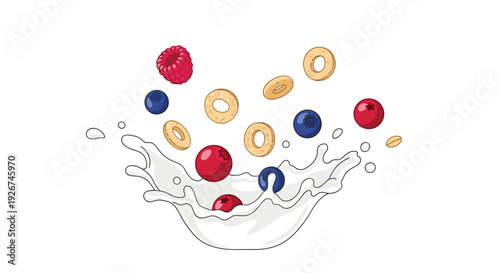 Cereal rings and assorted berries like raspberries and blueberries fall into a dynamic white milk splash against a plain background.