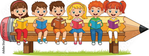 Cartoon Children Sitting on a Giant Pencil Reading Books, for Education, Learning, and Children’s Illustration Projects
