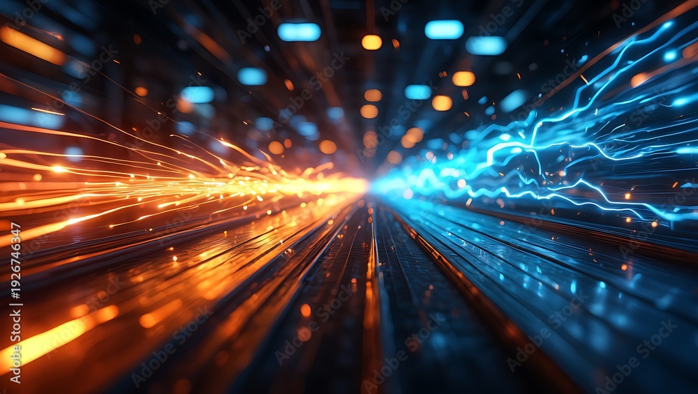 Obraz premium Blue and orange glowing light trails with particles simulate high speed fiber optic data transfer in futuristic digital technology background with vibrant energy motion.