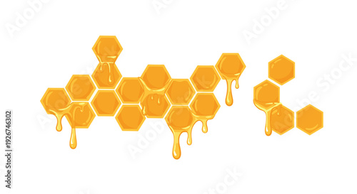 A horizontal cluster of golden honeycomb cells shows thick yellow honey dripping from the bottom edges on white.