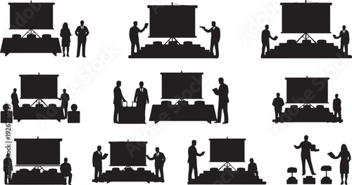 Silhouettes of people presenting at a conference or meeting