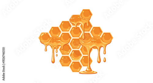 A diamond-shaped cluster of golden honeycomb cells features multiple streams of thick honey flowing downwards on white.